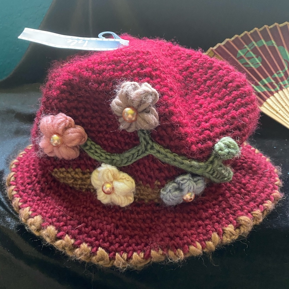 Adorable Burgundy Knit Floral Hat from Ireland!